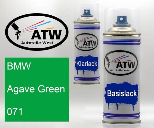 BMW, Agave Green, 071: 400ml Sprühdose + 400ml Klarlack - Set, von ATW Autoteile West.